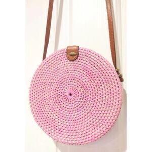 Straw Studios PINK Round Woven Crossbody Bag From Bali 8" EASTER
